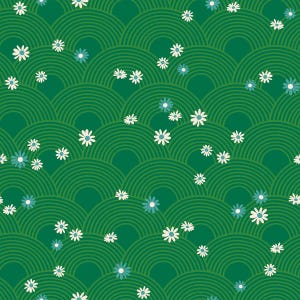 May include: A repeating pattern with a design of green, layered, semi-circular shapes, like rolling hills. Small white and blue daisies are scattered across the surface, creating a whimsical, nature-inspired aesthetic. Suitable for fabric or wallpaper.