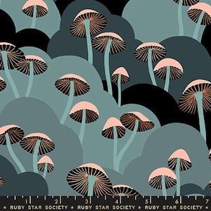 May include: A repeating pattern of stylized mushrooms in shades of teal, black, and pink on a black background. The mushrooms have a whimsical, almost cartoonish style.