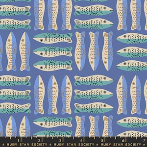 May include: A repeating pattern of stylized fish in shades of blue, teal, and beige on a periwinkle background. The fish are arranged in rows, with some facing up and others horizontally. The design is reminiscent of a nautical theme.