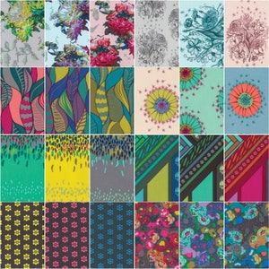 May include: A collection of 16 fabric squares featuring a variety of patterns and colours, including floral, geometric and abstract designs. The fabrics are arranged in a grid pattern.