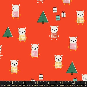 May include: Red fabric featuring a repeating pattern of white bear-like creatures, green Christmas trees, and gift boxes. The bears wear pink or yellow outfits. The text "RUBY STAR SOCIETY" is at the bottom.