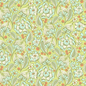 May include: A seamless pattern featuring a repeating design of stylized flowers in shades of blue, green, and white on a light green background.