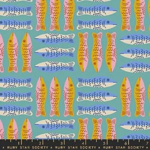 May include: Teal fabric featuring a repeating pattern of stylized fish in yellow, pink, and blue, with white details. The design includes the text "RUBY STAR SOCIETY" at the bottom of the fabric.