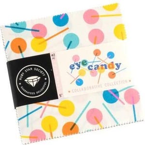 May include: A stack of 42 fabric squares measuring 5 inches, featuring a white background with a pattern of colourful circles and lines. A black paper band wraps around the centre, labelled Ruby Star Society and Eye Candy Collaborative Collection.