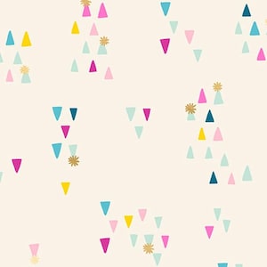 May include: Cream-coloured fabric featuring a pattern of colourful triangles in teal, pink, yellow, and dark blue, with gold starburst shapes. The fabric has a playful, whimsical design, suitable for various craft projects.