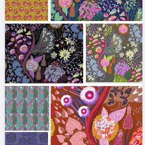 May include: A collection of colorful floral patterns. The designs feature various flowers, leaves, and vines in shades of pink, purple, green, and yellow against backgrounds of olive, navy, black, and brown. The patterns are detailed and intricate, creating a botanical theme.