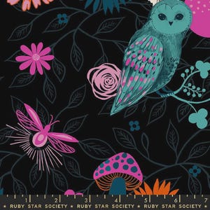 May include: Black fabric with a whimsical forest design. Features a teal owl, pink flowers, a pink insect, and a mushroom with pink spots. Dark teal vines and leaves create a contrasting background. The text "RUBY STAR SOCIETY" is at the bottom.