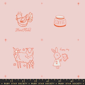 May include: Pink fabric with orange illustrations of a chicken with "Hand Made" text, a coffee jar, a sheep with flowers, and a bunny holding a flower with "happy day" text. The fabric has a ruler at the bottom.