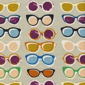 May include: A repeating pattern of colorful sunglasses on a beige background. The sunglasses are in various shapes and colors, including green, blue, yellow, orange, and purple.