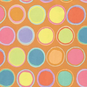 May include: A repeating pattern of colorful circles on an orange background. The circles are in shades of pink, yellow, blue, green, and orange, with a lighter color inside each circle and a darker outline. The design is reminiscent of a polka dot pattern.