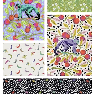 May include: A collection of colorful fabric patterns featuring botanical and animal themes. Designs include monkeys in fruit trees, floral arrangements, and banana patterns. The color palette includes shades of purple, green, and white.