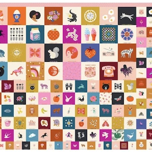 May include: A colorful fabric panel featuring a grid of illustrated squares. Each square contains a unique design, including animals, food, and floral patterns. The color palette includes pink, orange, blue, and yellow. The text "RUBY STAR SOCIETY" is visible on the side.