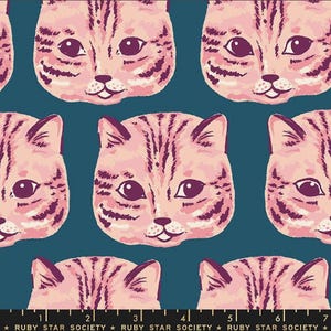 May include: A teal blue fabric with a repeating pattern of pink and purple striped cat faces. The cats have large eyes and a pink nose.