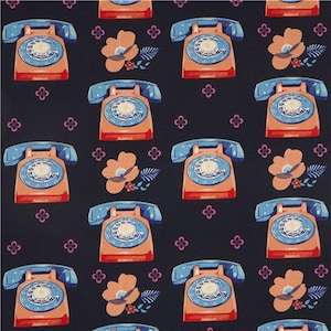 May include: A dark navy blue fabric featuring a repeating pattern of orange rotary telephones with blue handsets and circular dials. The design includes small peach-colored flowers with blue leaves and tiny pink four-petaled floral accents.