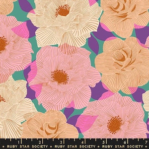 May include: A repeating floral design with large, stylised flowers in pink, peach, and cream, with brown centres. The flowers are set against a teal, purple, and pink background. The text "RUBY STAR SOCIETY" is at the bottom.