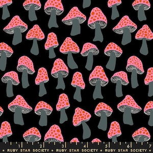 May include: A repeating pattern of pink mushrooms with orange spots on a black background. The mushrooms have gray stems and are evenly spaced across the fabric. The text "RUBY STAR SOCIETY" is at the bottom.