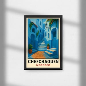 Chefchaouen, Marruecos - Póster impreso en lienzo o papel - Vintage - Viajes - Ciudad Azul - Medina - Decoración del hogar - Regalo