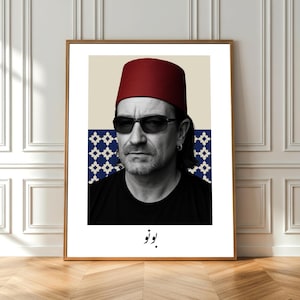 Ritratto di Bono con Tarbouch marocchino (fez) - U2 - Stampa su tela o carta - Arredamento Boho - Arabo - Arte - Marocco - Celebrità