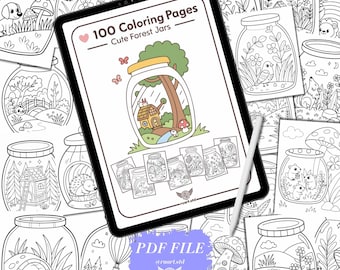 Cute Forest Jars: 100 Coloring Pages By Ru Art Studio |  Printable Coloring Book | Digital Download | Instant Download | PDF Only