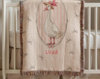 Gepersonaliseerde geweven deken Baby One Silly Goose: aangepaste naam, zachte plaid voor meisjes, kraamcadeau, wanddecoratie
