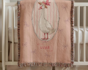 Gepersonaliseerde geweven deken Baby One Silly Goose: aangepaste naam, zachte plaid voor meisjes, kraamcadeau, wanddecoratie