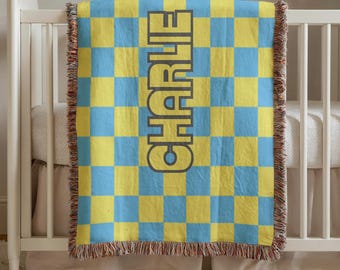 Gepersonaliseerde geruite geweven baby- of kinderdeken: aangepaste naam, zachte plaid voor meisjes, kraamcadeau, wanddecoratie