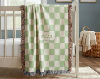 Gepersonaliseerde geruite geweven babygroene deken: aangepaste naam, zachte plaid voor meisjes, kraamcadeau, wanddecoratie