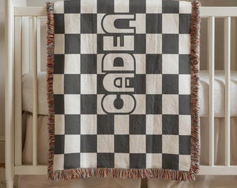 Gepersonaliseerde geruite geweven baby- of kinderdeken: aangepaste naam, zachte plaid voor meisjes, kraamcadeau, wanddecoratie