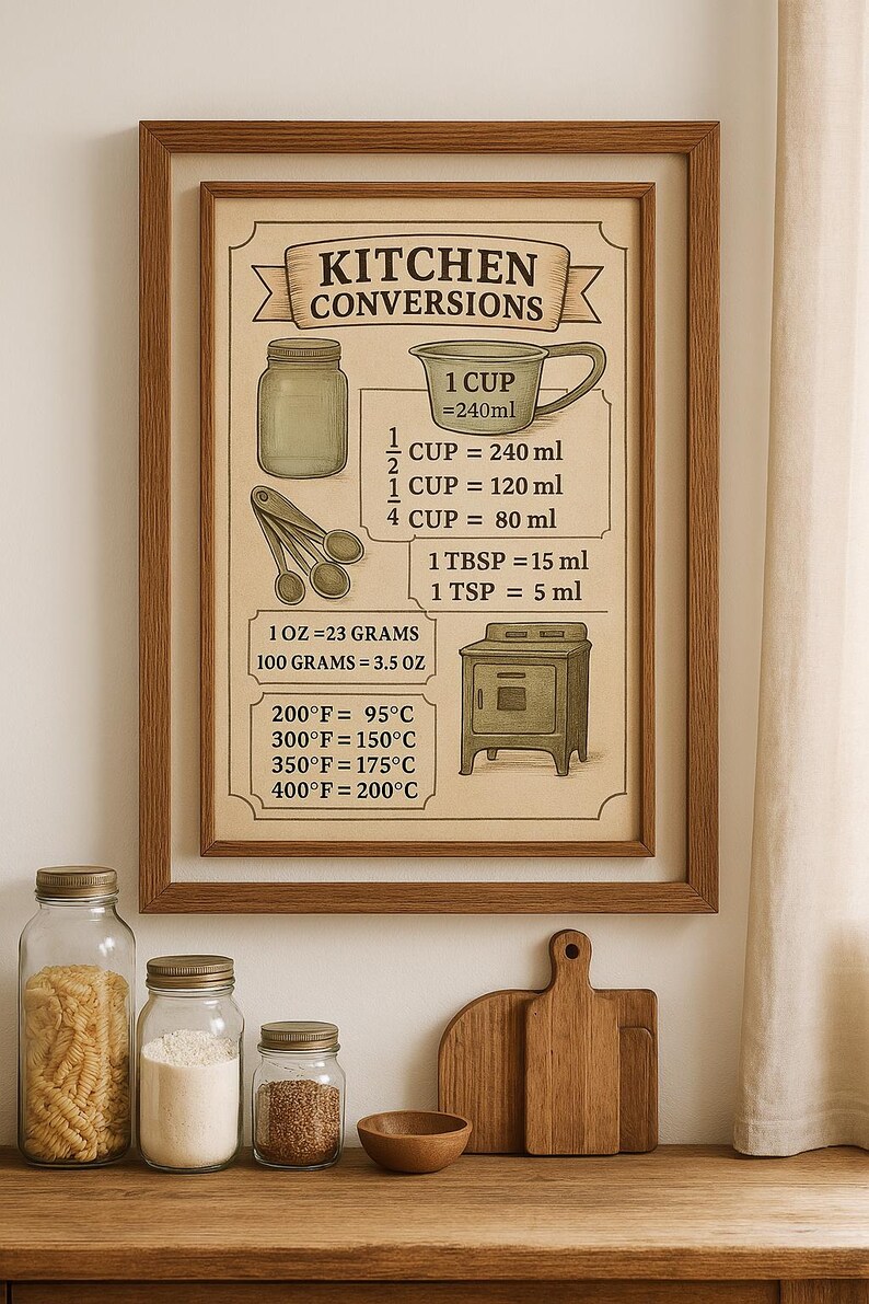 Kitchen Conversion Chart Printable Cooking Measurements Poster, Cups