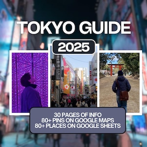 以下が含まれることがあります： 「TOKYO GUIDE 2025」というタイトルの旅行ガイド。3つの写真が挿入されています。ガイドには30ページのインフォメーション、Googleマップに80以上のピン、Googleシートに80以上の場所が含まれています。写真は都市景観と人物を示しています。