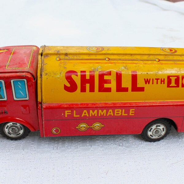 Rare Vintage toy TIN LITHO SHELL Oil Friction Truck 1950's Made in Japan no dent