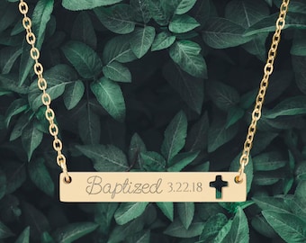 Engraved Cross Bar Necklace for Baptism Personalizable with Date