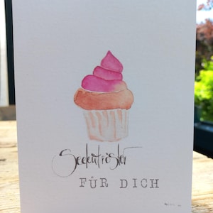 handgemalte " Seelentröster " Gruskarte , Cupcake,handgemaltes Design, Druck, Klappkarte, rosa - beige, gezeichnet, mit geprägtem Umschlag,
