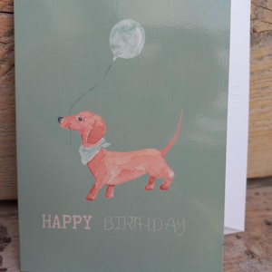 Dackel Geburtstagskarte handgemaltes Design, aquarell Druck, Klappkarte mit Umschlag, HAPPY BIRTHDAY, Karte mit Dackel und Luftballon.