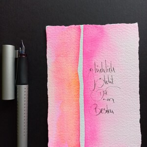 handgemalte aquarellkarte ,Postkarte mit Neonfarben, der Schriftzug ist mit Tusche handgeschrieben,Gruskarte festes aquarellpapier