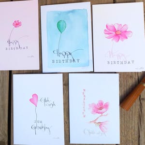 handgemalte aquarell Geburtstagskarten mit Herz, Blumen, Luftballons, 5 er Set,  Druck,  handgeschriebene Grußkarte, pink, petrol,rosa beige