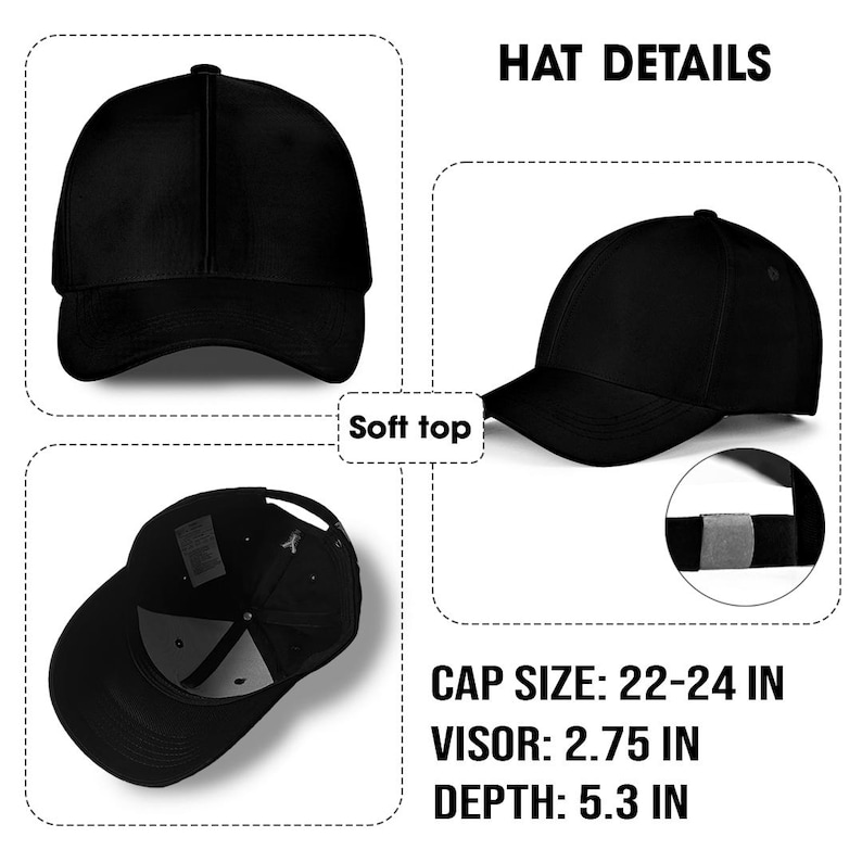 K&ouml;nnte beinhalten: Schwarze Baseballkappe mit weichem Oberteil. Die Kappenweite betr&auml;gt 56-61 cm, der Schirm 7 cm und die Tiefe 13,5 cm. Das Bild zeigt die M&uuml;tze aus verschiedenen Blickwinkeln.