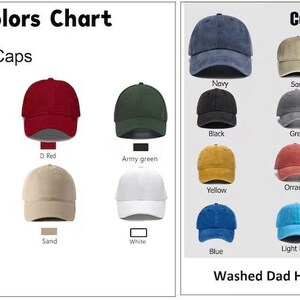 K&ouml;nnte beinhalten: Farbtabelle mit Baseballkappen und gewaschenen Dad Hats in verschiedenen Farben, darunter Schwarz, Marineblau, Rot, Armeegr&uuml;n, Sand, Wei&szlig;, Gelb, Orange, Hellblau und Pink. Der Text "Colors Chart" und "Washed Dad Hat" ist ebenfalls sichtbar.