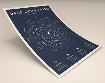 May include: A dark blue poster titled DAILY LUNAR PHASES 2027 NORTHERN HEMISPHERE UTC featuring a spiral graphic of moon cycles. The design includes month labels, daily phase illustrations, and a legend for New, First Quarter, Full, and Last Moon.