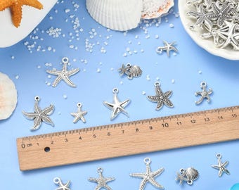 Ciondoli a forma di stella marina, ciondoli assortiti in argento anticato, set di ciondoli assortiti, forniture per la creazione di gioielli, lotto misto, ciondoli a forma di oceano, ciondoli a forma di mare, 100 pezzi