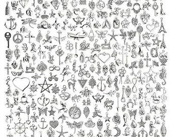 Set di ciondoli all'ingrosso, ciondoli e pendenti misti, forniture per la creazione di gioielli in argento anticato, set da 300 pezzi