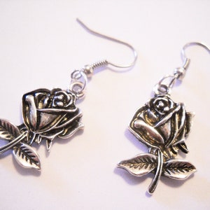 Rose Earrings Flower Earrings Silver Rose Earrings Silver Flower Earrings Dangle Earrings Garden Earrings Silver Dangle Earrings 1.5&quot; Steel