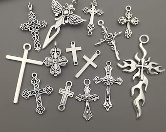 Dijes y colgantes de cruz de plata antigua, suministros para joyería cristiana católica, conectores al por mayor, 42 piezas