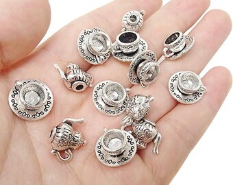 Lot de breloques en vrac pour thé, argent vieilli, assortiment de breloques, fournitures pour fabrication de bijoux, breloques pour service à thé miniatures, 40 pièces