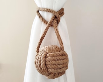 Jute Rope Curtain Tieback - Monkey Fist Knot, Nautical Boho Window Decor