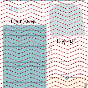 Op de afbeelding: Een plannerpagina met een rood-witte zigzagpatroonachtergrond. De pagina bevat secties voor een datum, brainstorm, takenlijst en een klein notitiegedeelte. De tekst "just minding my own small business" staat bovenaan.