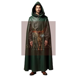 Men&#39;s Green Leather Renaissance Hooded Cloak – A Bold Statement Piece