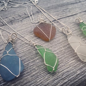 Wire Wrapped Sea Glass Pendants on Sterling Silver 18” Box Chain