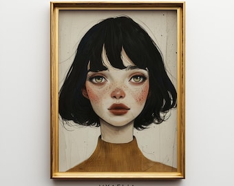 Op de afbeelding: Een ingelijste kunstdruk met een portret van een jonge persoon met donker haar en sproeten. Het kunstwerk zit in een gouden lijst en heeft een warm kleurenpalet. De tekst "MYAELIA DIGITAL WALL ART STORE" staat onderaan.
