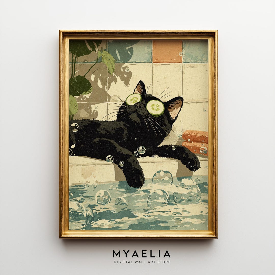 Black Cat Bathroom Wall Art Printable, Oil Painting Style Poster, Spa ...